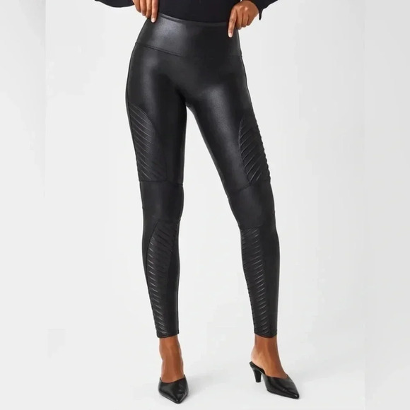 SPANX Very Black Faux Leather Moto Leggings Size Small - Picture 1 of 11